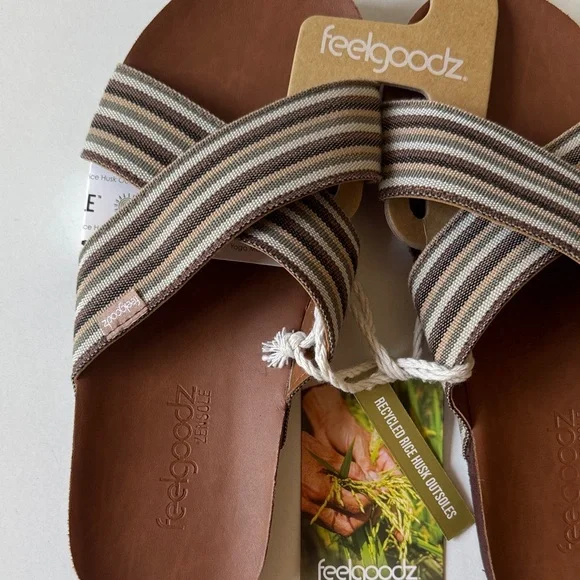 NEW Feelgoodz Brown Striped Sandals women’s Size 9 - Picture 2 of 6